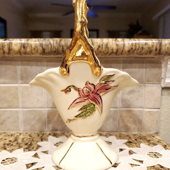 HALL Accents Vintage Hall Ceramic Flower Basket Vase With Handle